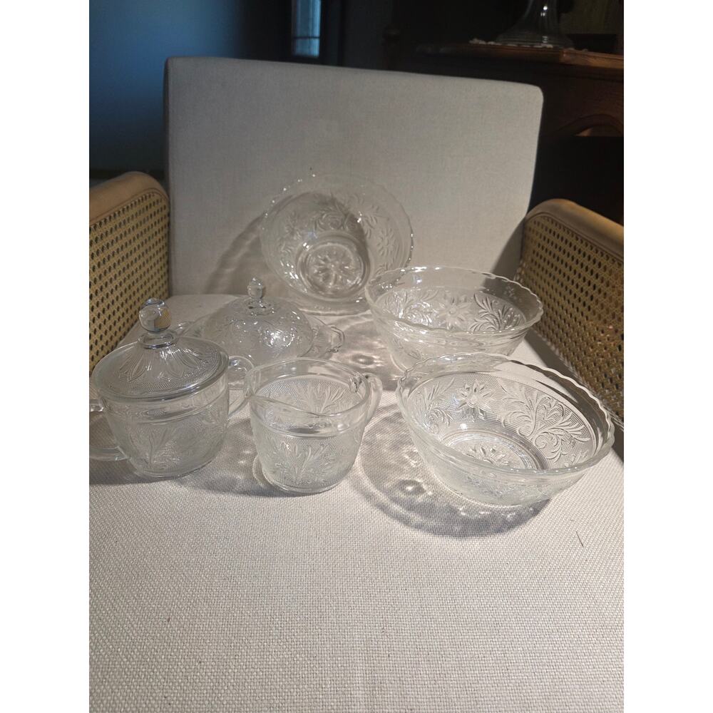 8pc VTG Anchor Hocking Sandwich Clear Glass 3 Nesting Bowls Lidded Sugar Butter